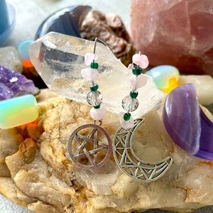 ☀️ Rose Quartz Celestial Earrings 🌙 with Silver Pendants, Trending 2022